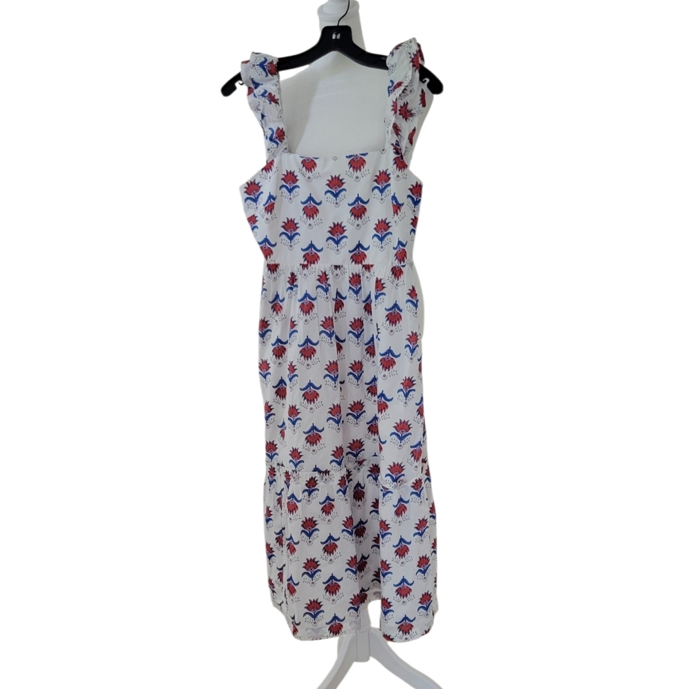 J.Crew Factory Blue White Red Coastal Grandma Floral Tiered Midi Cotton Size XS - Picture 5 of 15